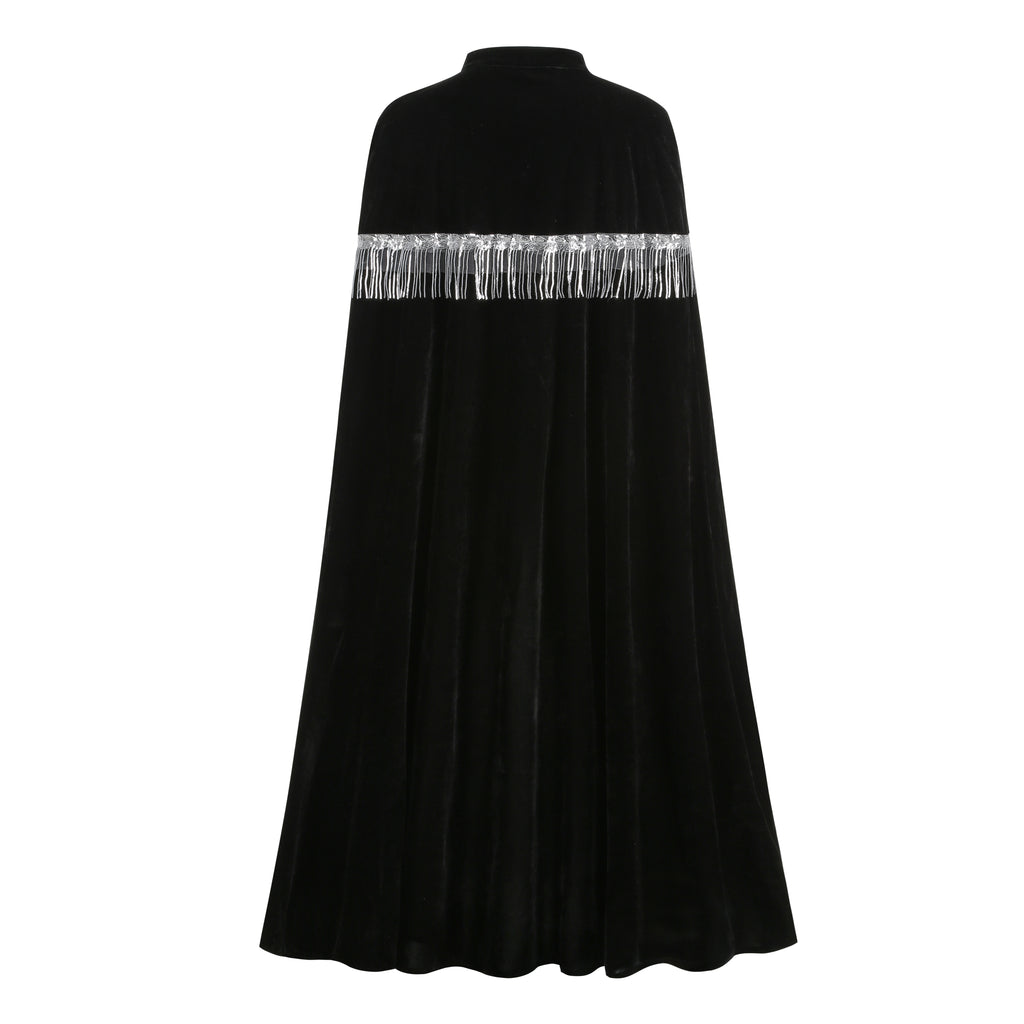 Unisex Medieval Hooded Cloak Renaissance Velvet Cape with Silver Tassels Adult Halloween Party Royal Witch