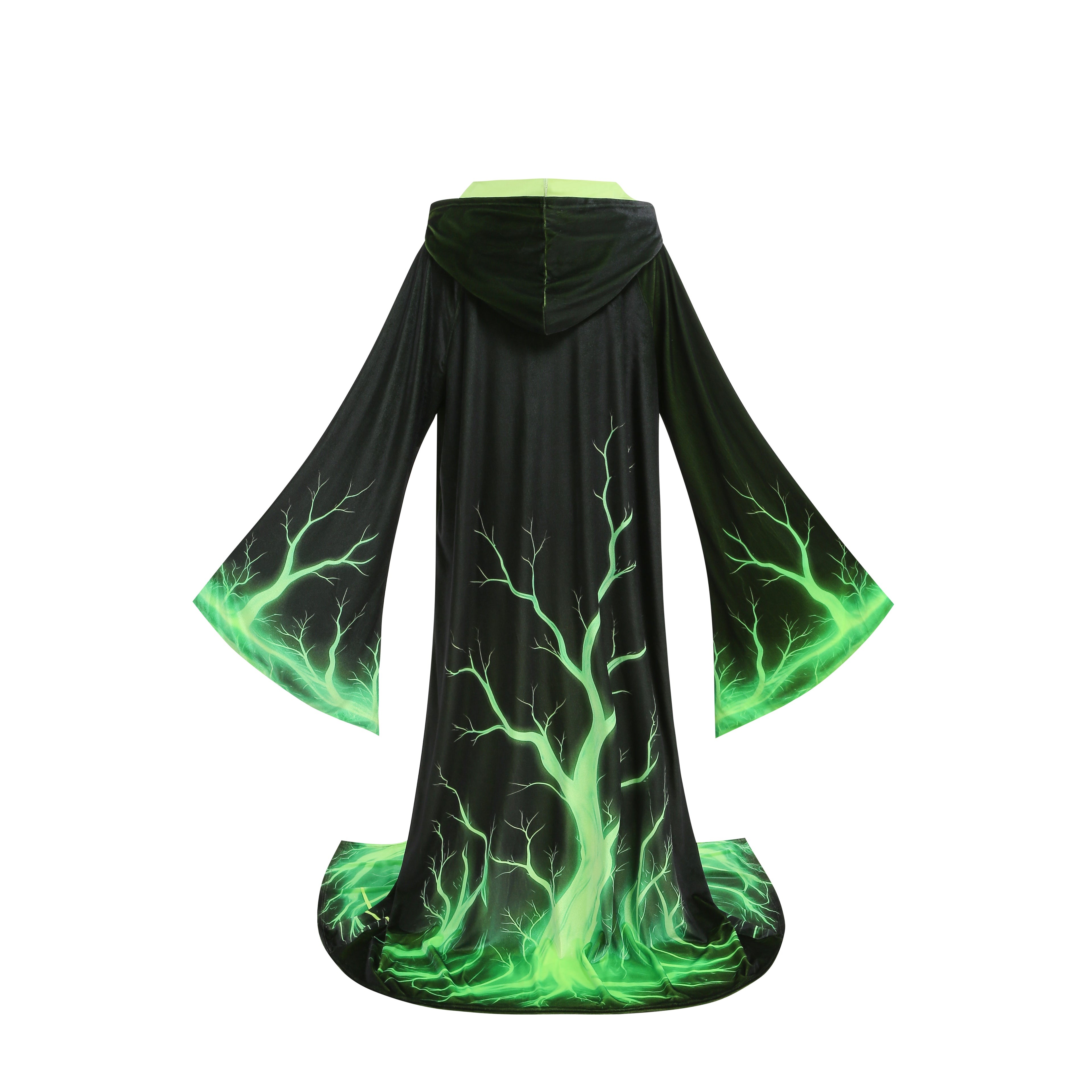 Adult Men Wizard Hooded Robe, Black Cloak With Green Tree Branch Print, 150cm‑170cm Shoulder‑to‑Hem Sorcerer Cape for Halloween Cosplay