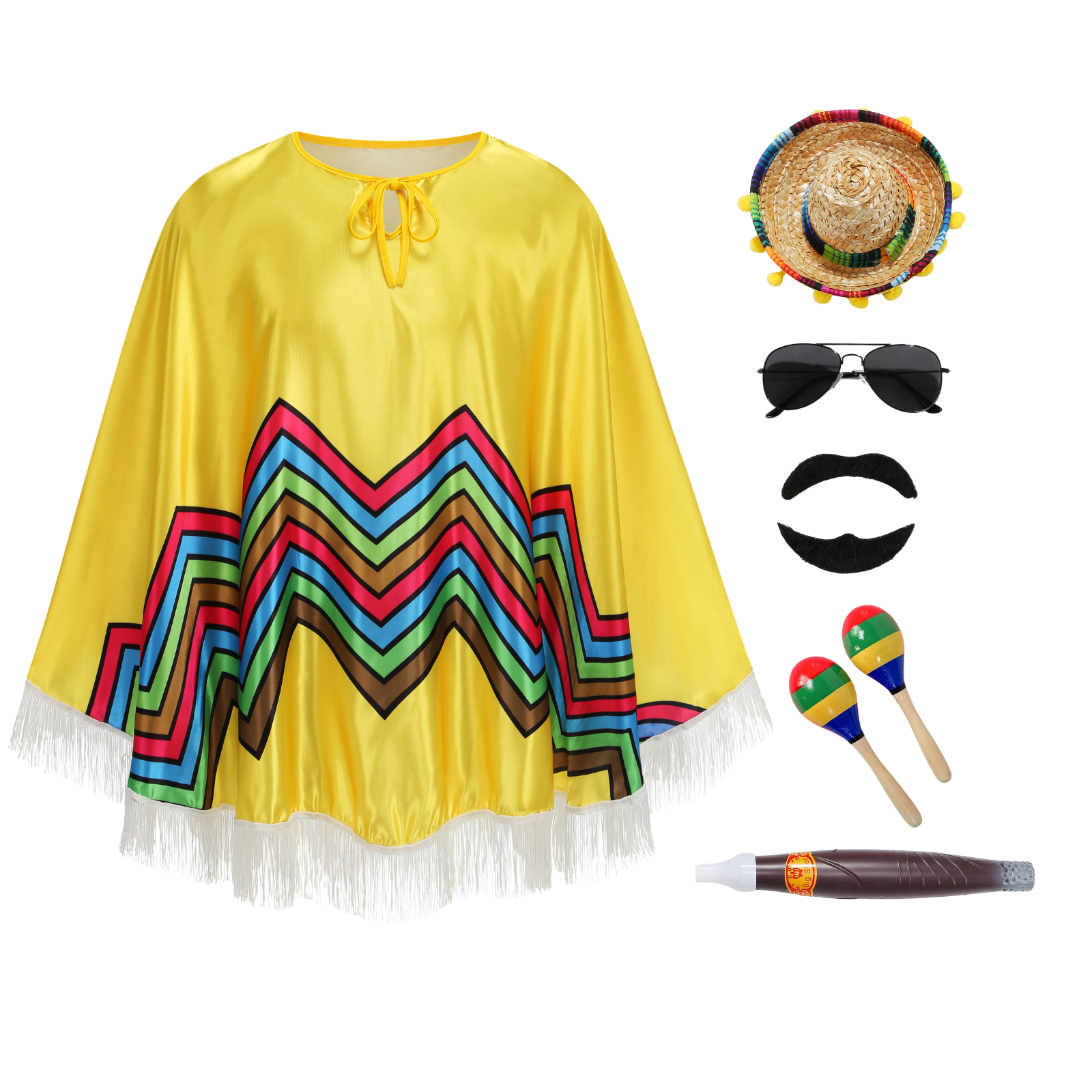 Custom Adult Mexican Poncho 7‑Piece Costume Set, Yellow Fringe Satin Poncho 80CM, Fiesta Cinco De Mayo Halloween Theme Party Cosplay Outfit