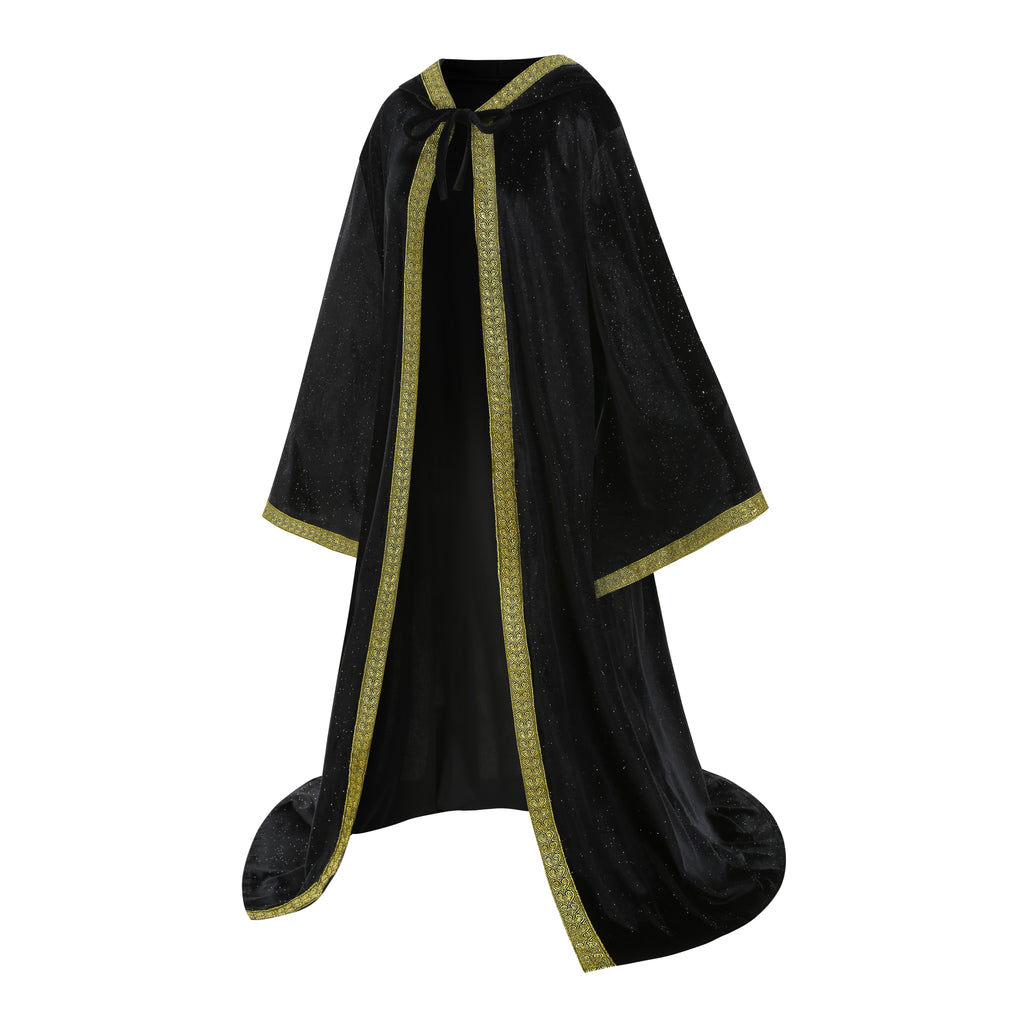 Adult Wizard Hooded Robe Cloak, Sparkle Velvet Wizard Cape With Gold Trim, 140cm‑160cm Shoulder‑to‑Hem for Warlock Sorcerer Halloween Cosplay