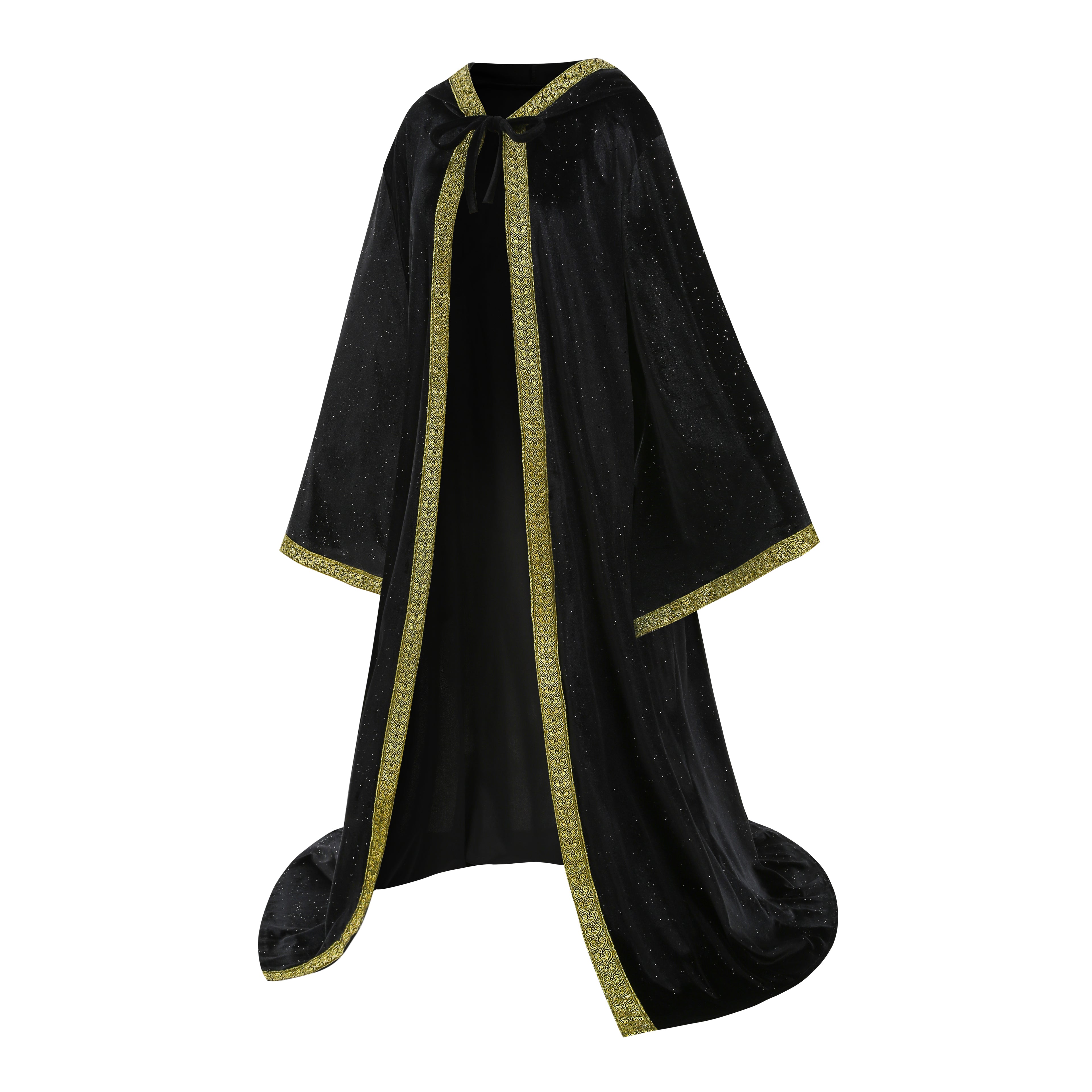 Adult Wizard Hooded Robe Cloak, Sparkle Velvet Wizard Cape With Gold Trim, 140cm‑160cm Shoulder‑to‑Hem for Warlock Sorcerer Halloween Cosplay