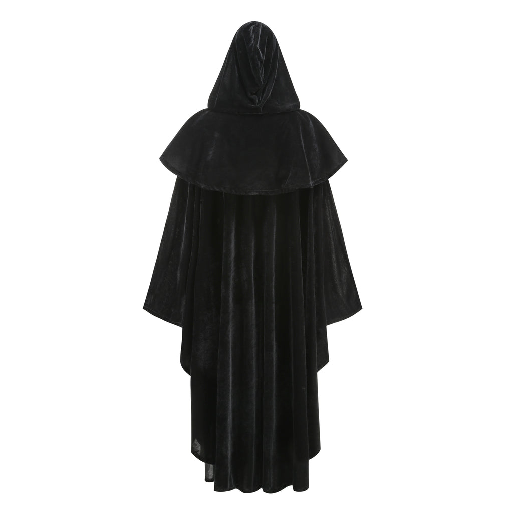 Adult Black Velvet Hooded Wizard Cloak Set‑In & Stand‑Up Collar Style, 130cm‑150cm Shoulder‑to‑Hem Medieval Robe for Warlock Halloween Cosplay
