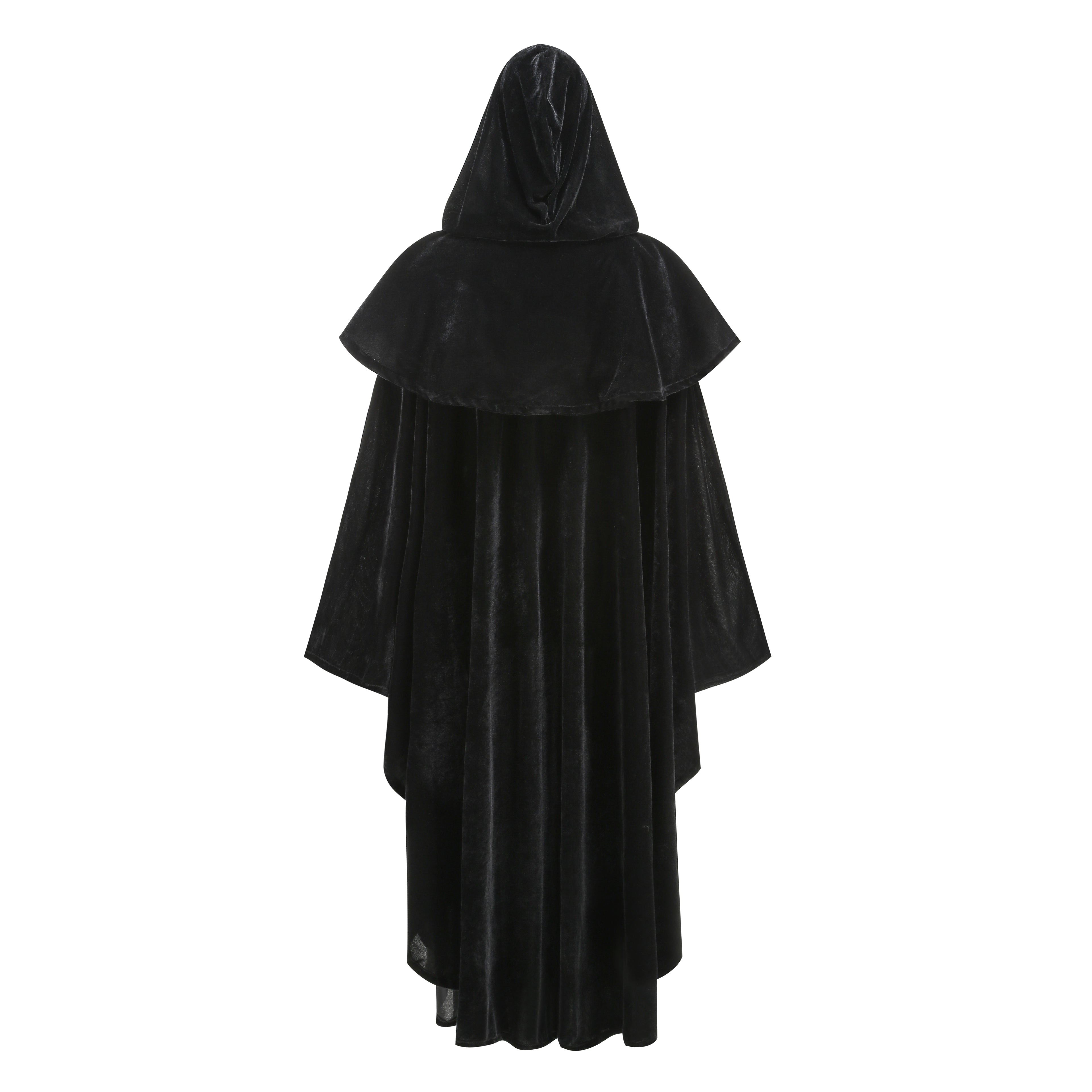 Adult Black Velvet Hooded Wizard Cloak Set‑In & Stand‑Up Collar Style, 130cm‑150cm Shoulder‑to‑Hem Medieval Robe for Warlock Halloween Cosplay