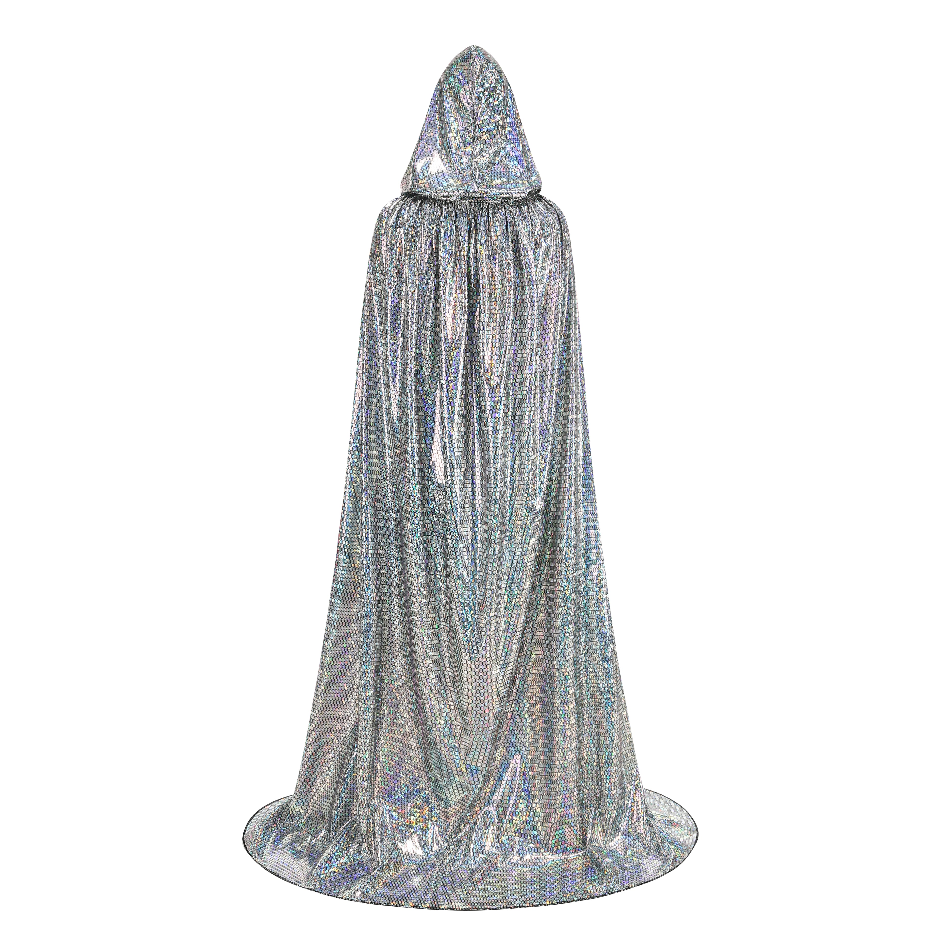 Custom Hexagonal Holographic Silver Hooded Cape for Adults, Double‑Layer Shiny Metallic Cloak 120‑160CM Halloween Rave Festival Cosplay Costume