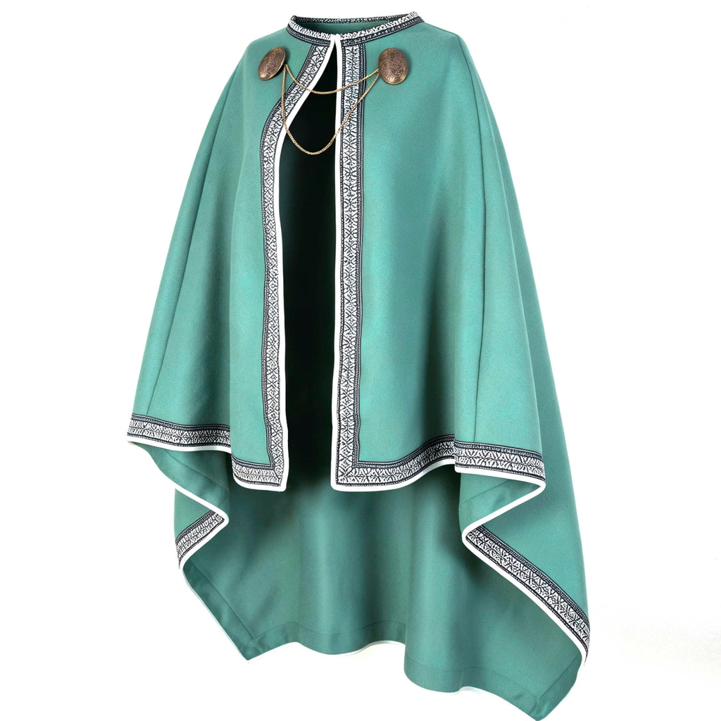 Women Medieval Celtic Cape Cloak 100cm, 3‑Piece Set with Brooches & Chain, Renaissance LARP Cosplay Costume for Adult
