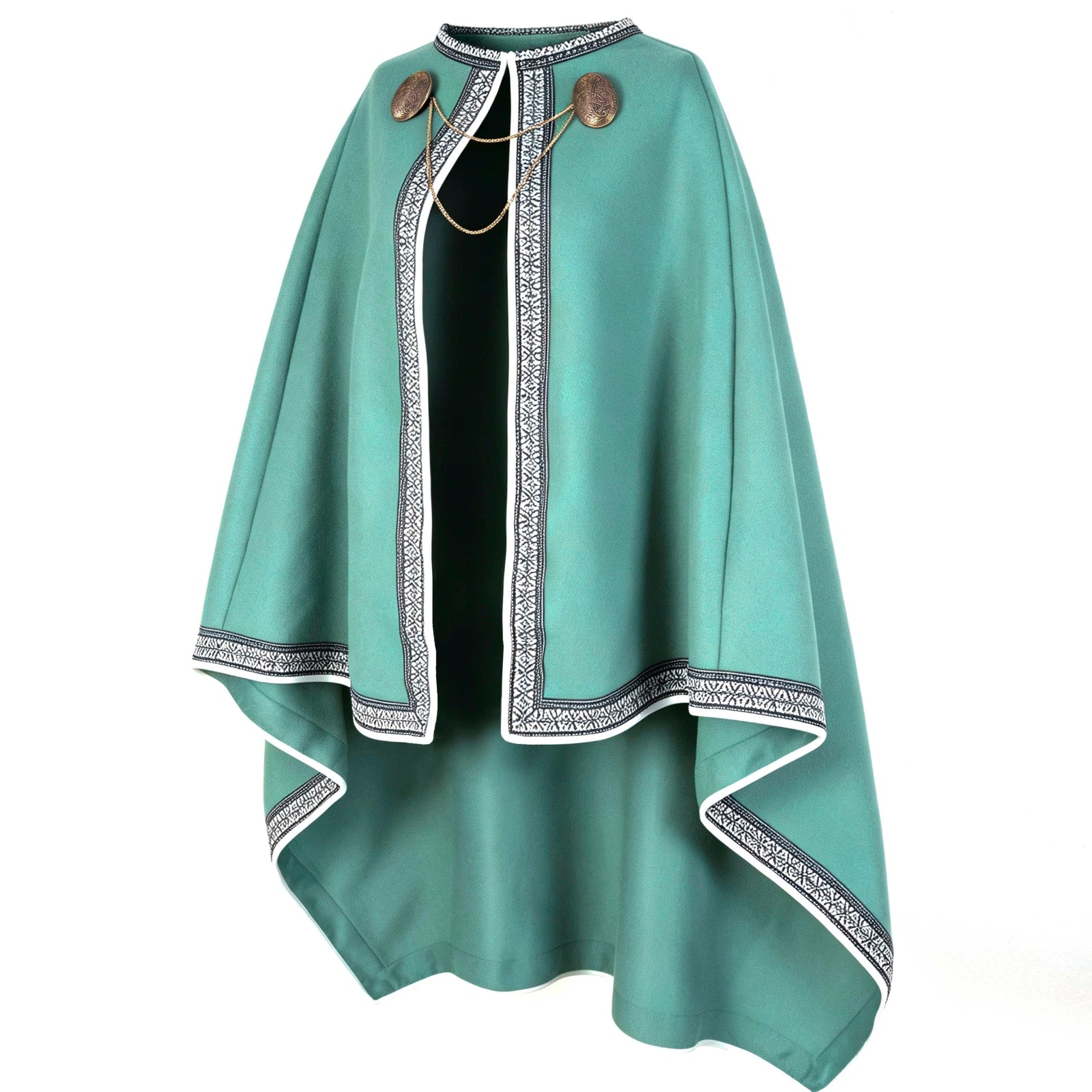 Women Medieval Celtic Cape Cloak 100cm, 3‑Piece Set with Brooches & Chain, Renaissance LARP Cosplay Costume for Adult