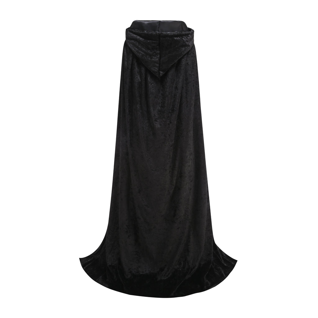 Adult Black Velvet Hooded Wizard Cape With Metal Clasp, 150cm Shoulder‑to‑Hem Medieval Cloak for Witch Warlock Halloween Cosplay