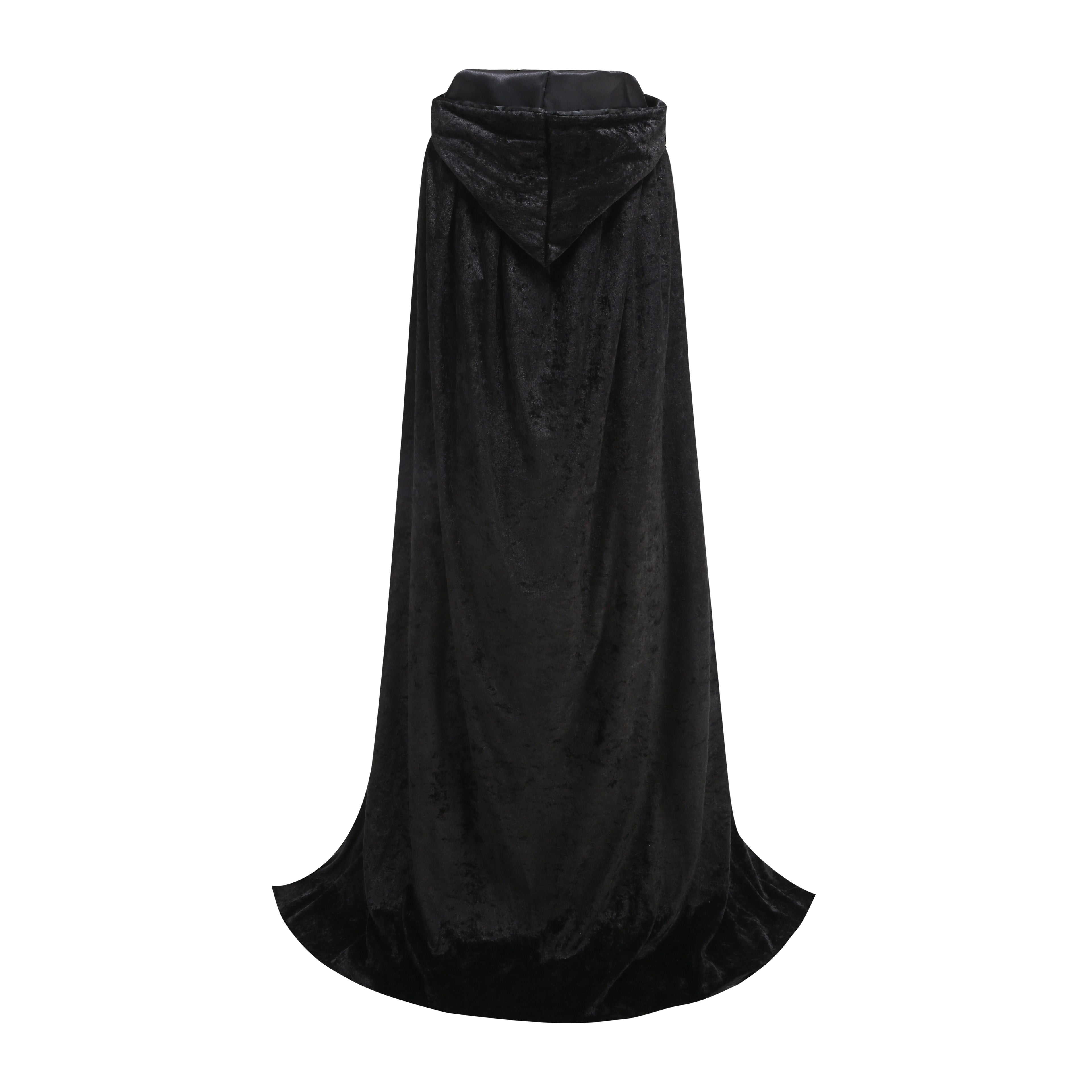Adult Black Velvet Hooded Wizard Cape With Metal Clasp, 150cm Shoulder‑to‑Hem Medieval Cloak for Witch Warlock Halloween Cosplay
