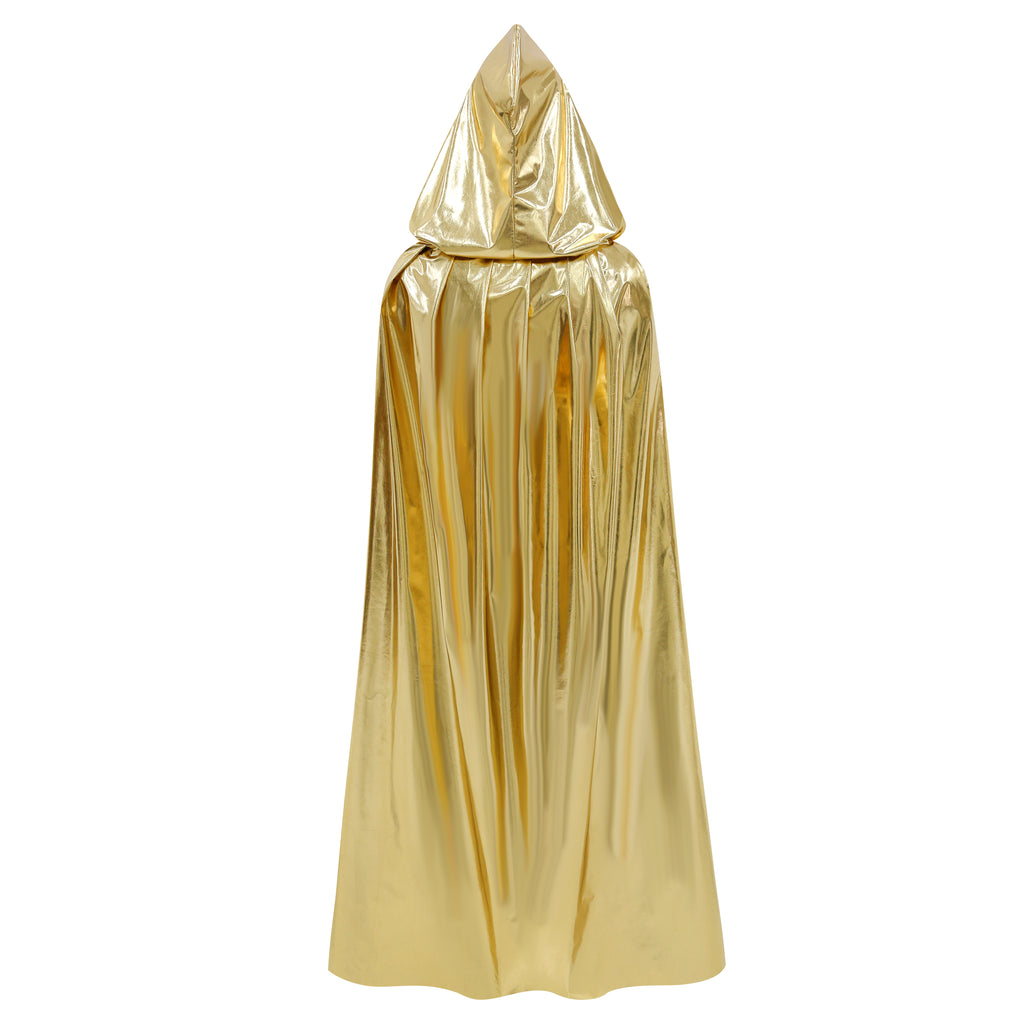Custom Metallic Gold Hooded Cape With Neck Tie‑Strap 115CM 125CM 145CM 155CM Shiny Cosplay Cloak For Halloween Fantasy Theme Party