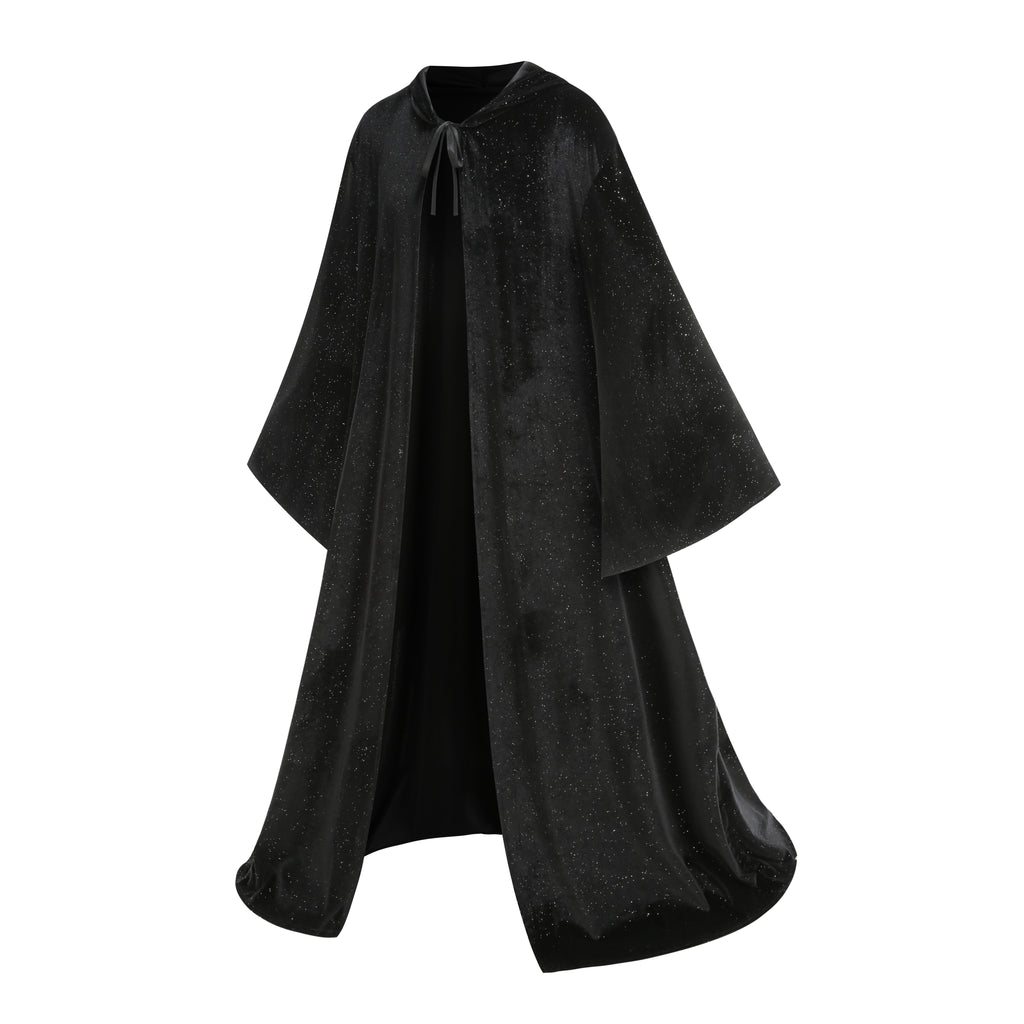 Adult Wizard Hooded Robe Cloak, Sparkle Velvet Wizard Cape With Gold Trim, 140cm‑160cm Shoulder‑to‑Hem for Warlock Sorcerer Halloween Cosplay