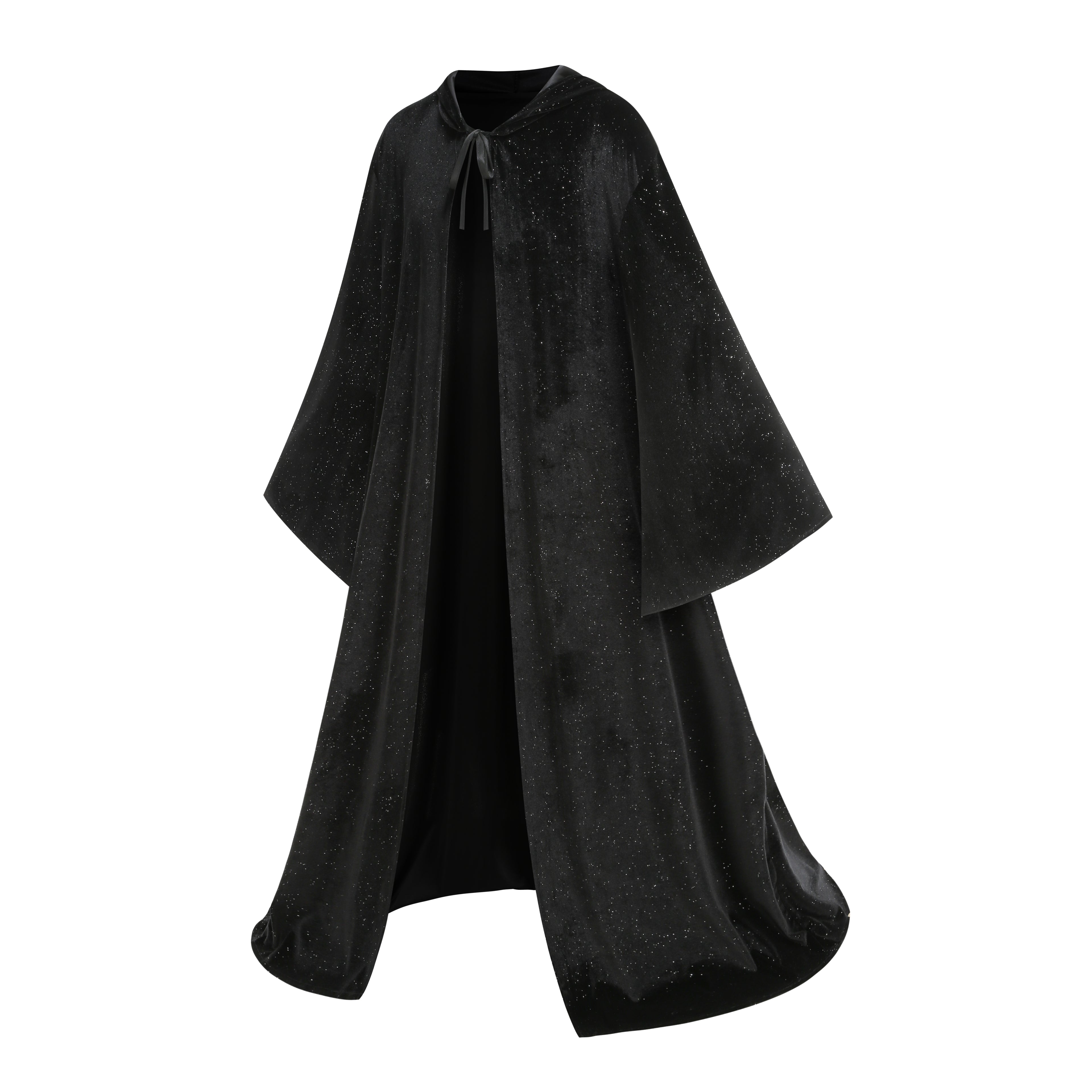 Adult Wizard Hooded Robe Cloak, Sparkle Velvet Wizard Cape With Gold Trim, 140cm‑160cm Shoulder‑to‑Hem for Warlock Sorcerer Halloween Cosplay