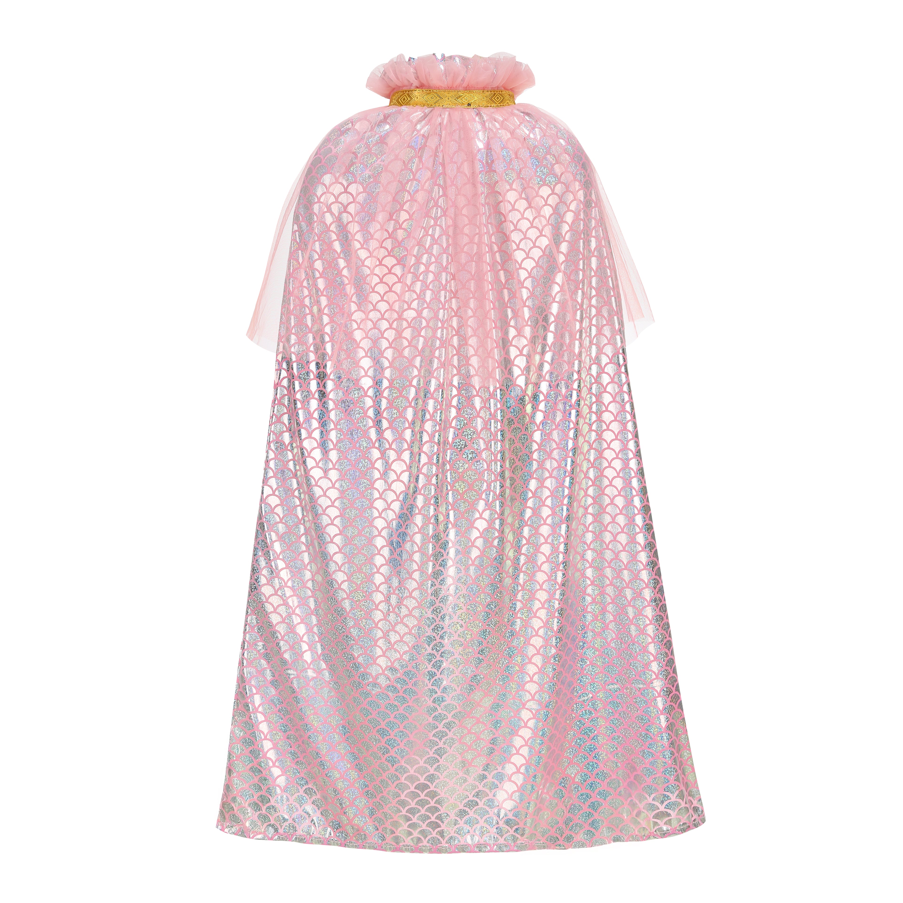 Kids Mermaid Princess Cape 7‑Piece Costume Set Pink 80CM, Scale Print Cloak with Crown Jewelry Sequin Bag, Girls Halloween Birthday Dress‑Up Kit Meta description