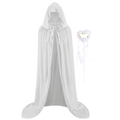 A white hooded cape or cloak with a drawstring neckline, shown on a plain white background alongside a small white flower accessory with yellow centers and long white ribbons.