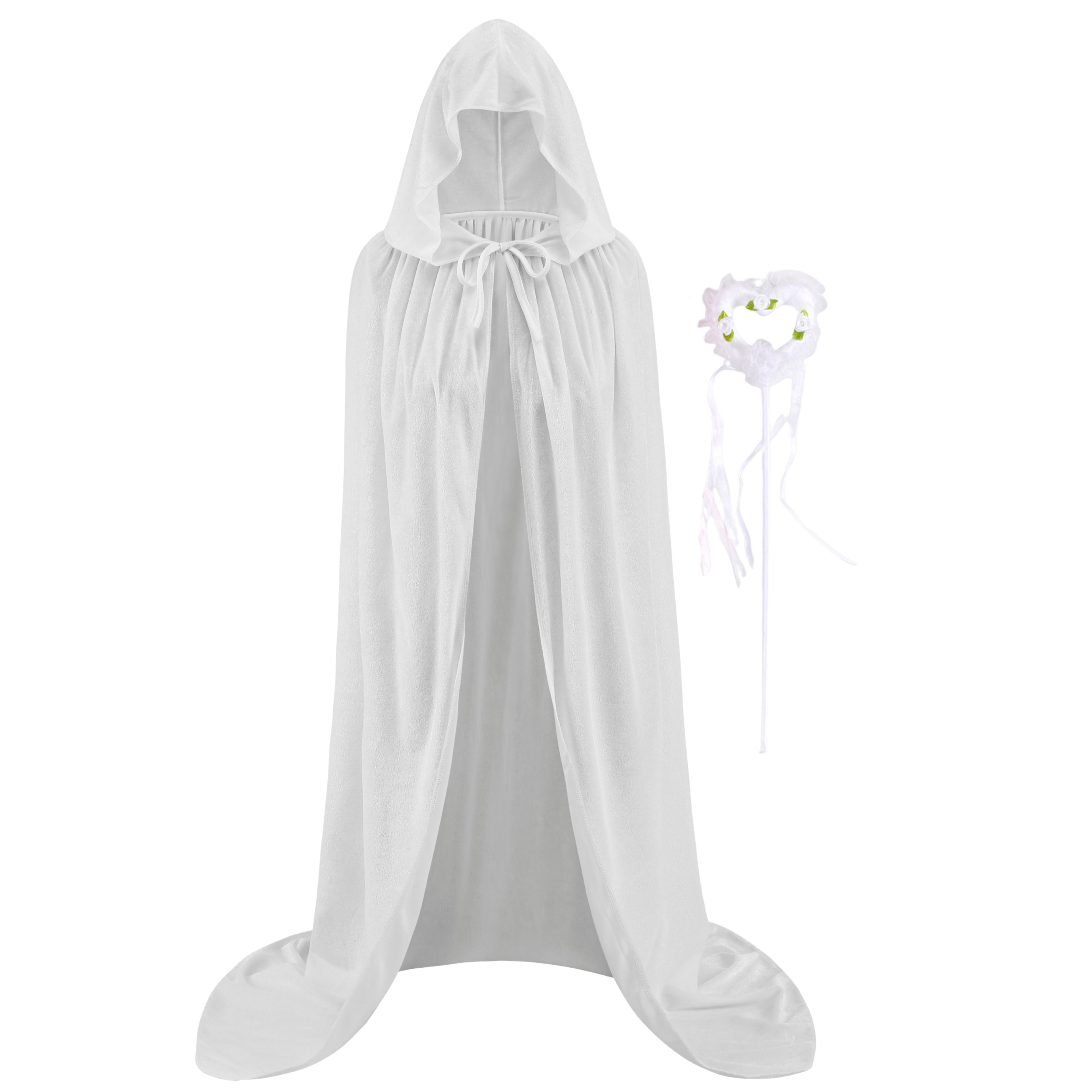 Adult White Velvet Hooded Cape Angel 2‑Piece Set, Long Cloak with Fairy Wand for Halloween Cosplay Party, 110‑170cm