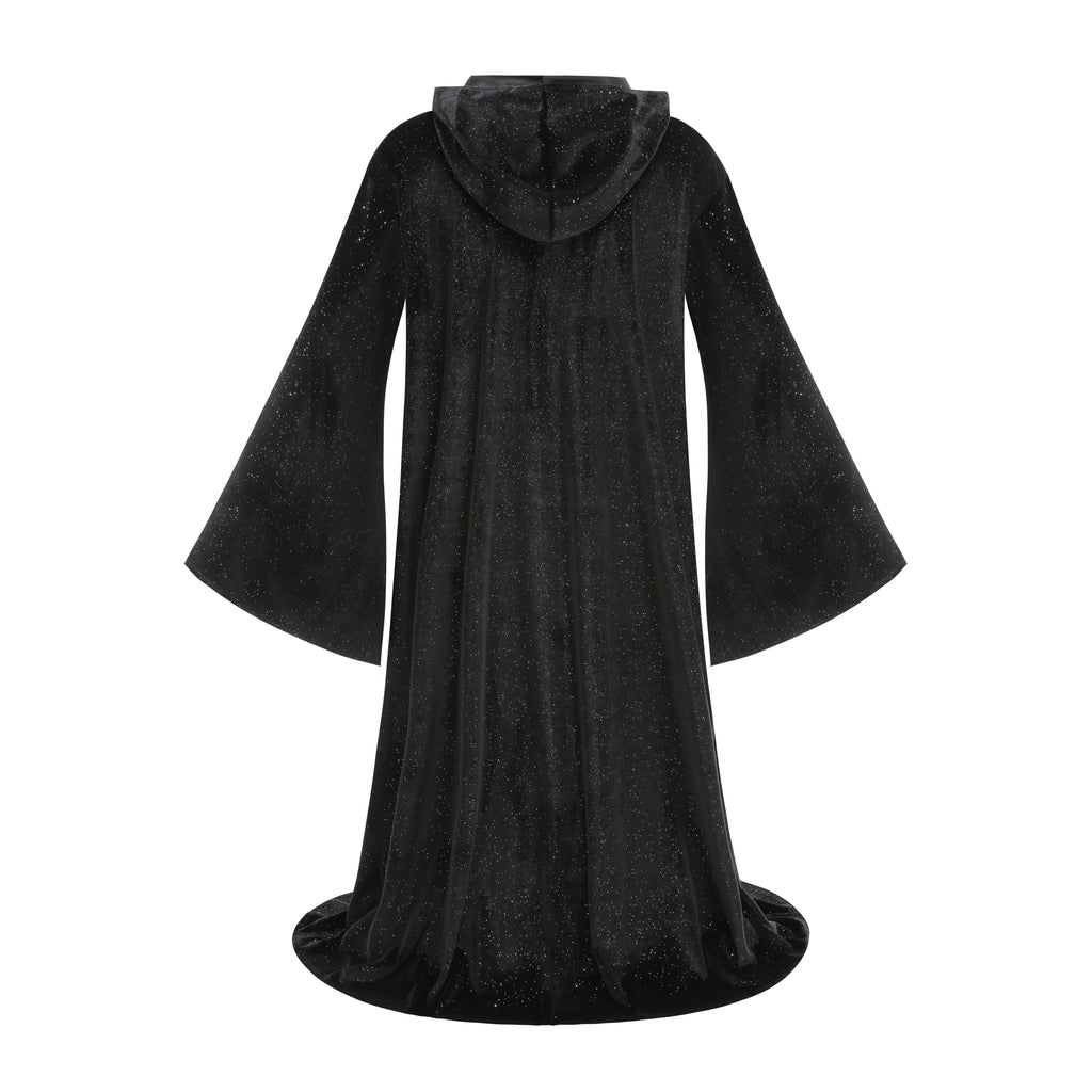 Adult Wizard Hooded Robe Cloak, Sparkle Velvet Wizard Cape With Gold Trim, 140cm‑160cm Shoulder‑to‑Hem for Warlock Sorcerer Halloween Cosplay