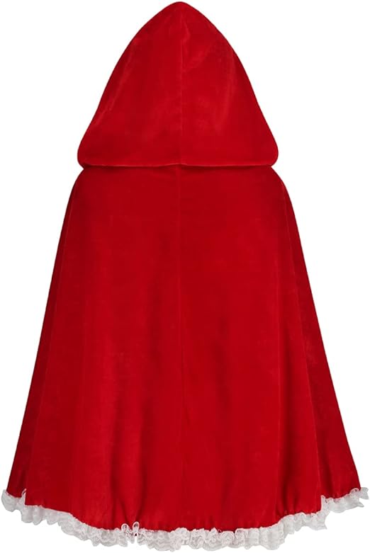 Women Little Red Riding Hood Cape Halloween Christmas Velvet Cloak | Adult Hooded Short Cloak with Lace Storybook Characters Outfit Medieval Renaissance Costume Cape