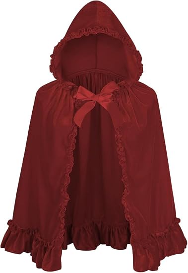 Adult Little Red Riding Hood Ruffled Hooded Cape, Red & Wine Red Cloak 60‑65‑70cm Shoulder‑to‑Hem for Fairy Tale Halloween Cosplay