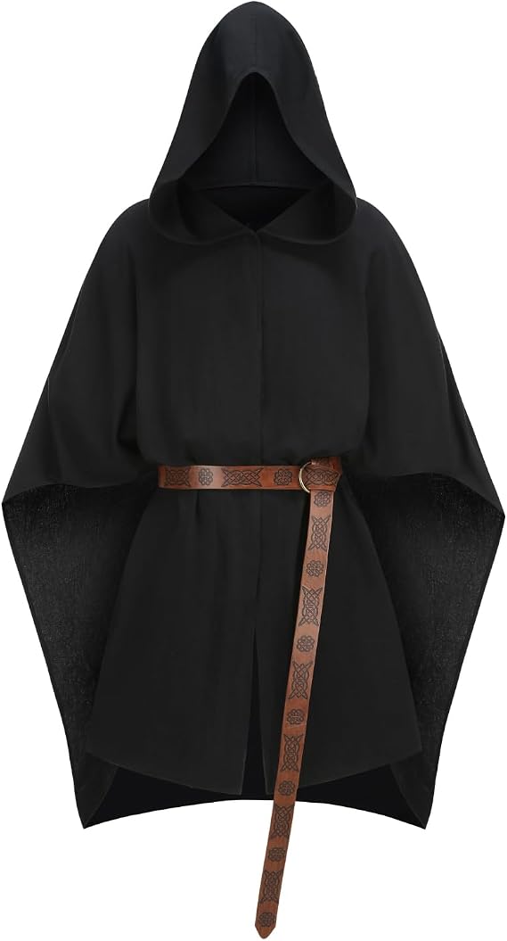 Adult Medieval Hooded Cloak Vintage Renaissance Cape with Hood 2PCS with Belt Men Women Halloween Costume