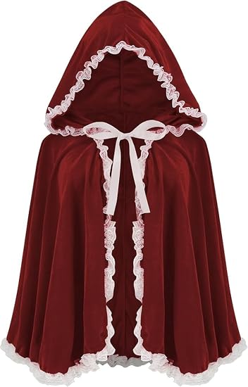 Women Little Red Riding Hood Cape Halloween Christmas Velvet Cloak | Adult Hooded Short Cloak with Lace Storybook Characters Outfit Medieval Renaissance Costume Cape