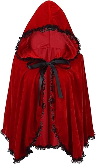 Women Little Red Riding Hood Cape Halloween Christmas Velvet Cloak | Adult Hooded Short Cloak with Lace Storybook Characters Outfit Medieval Renaissance Costume Cape