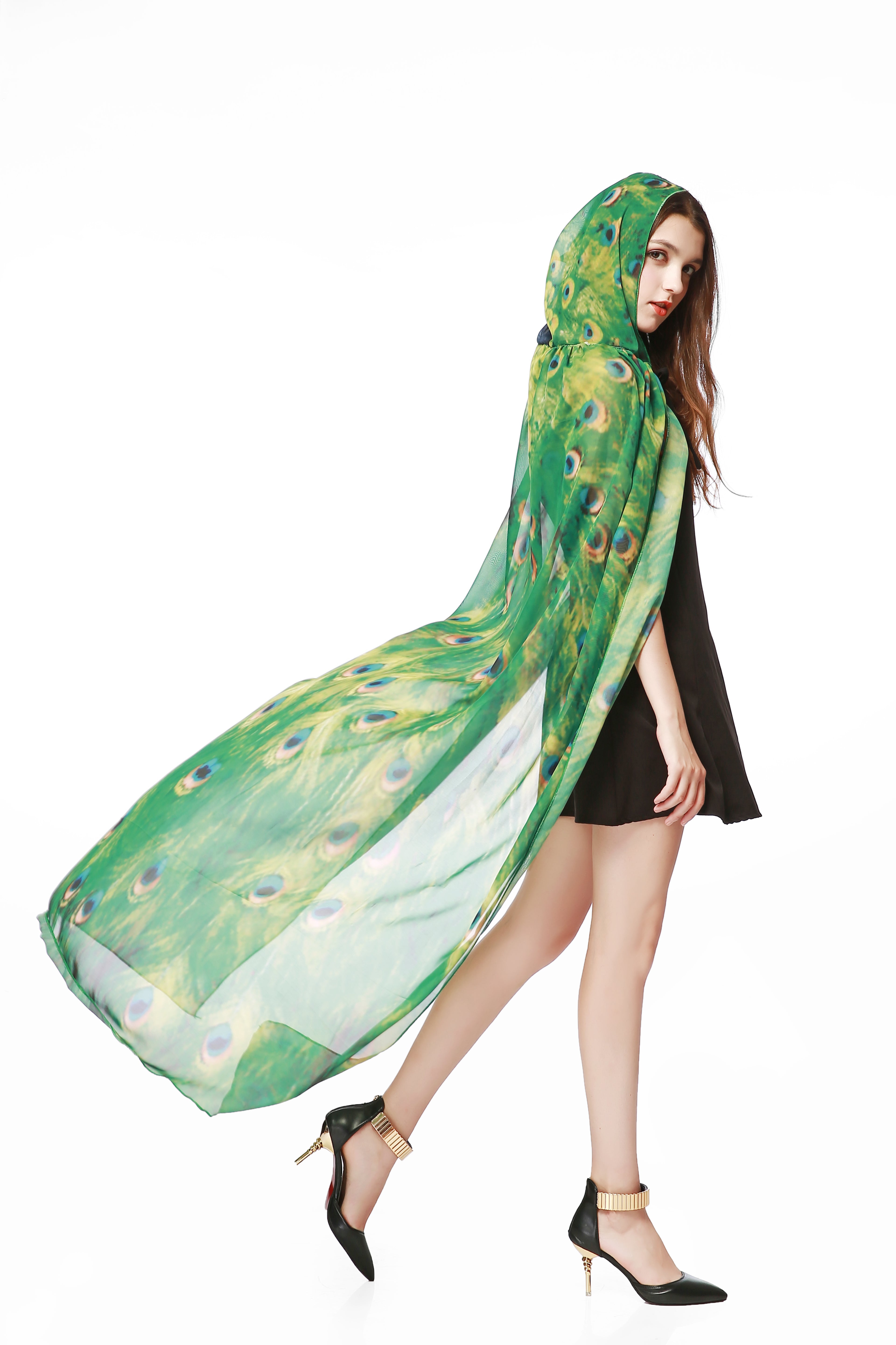 Adult Peacock Hooded Cape Green Chiffon Cloak 130CM Halloween Cosplay Party Costume for Women