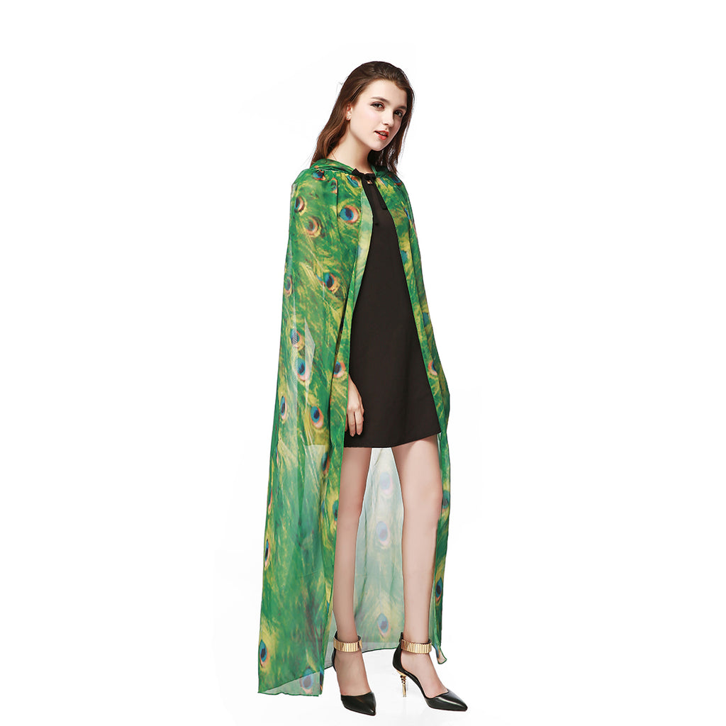Adult Peacock Hooded Cape Green Chiffon Cloak 130CM Halloween Cosplay Party Costume for Women