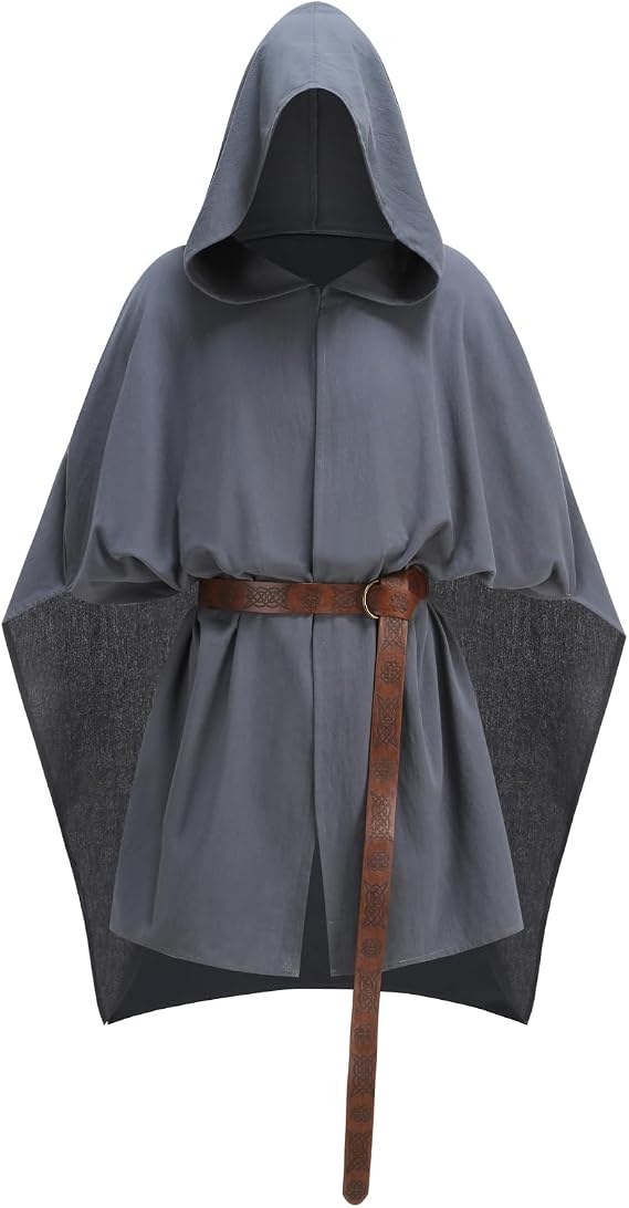 Adult Medieval Hooded Cloak Vintage Renaissance Cape with Hood 2PCS with Belt Men Women Halloween Costume