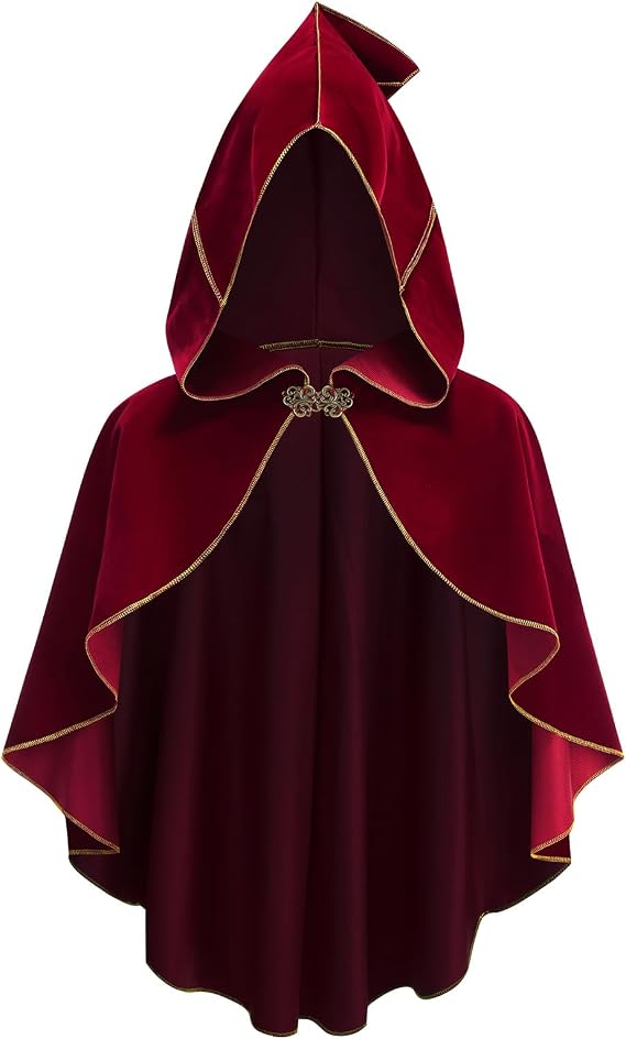 Renaissance Cloak Women Medieval Short Cape with Hood Gold Trim Victorian Hobbit Capelet Halloween Costume