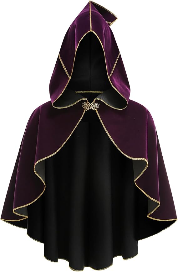 Renaissance Cloak Women Medieval Short Cape with Hood Gold Trim Victorian Hobbit Capelet Halloween Costume
