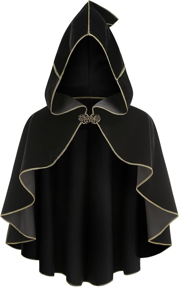 Renaissance Cloak Women Medieval Short Cape with Hood Gold Trim Victorian Hobbit Capelet Halloween Costume