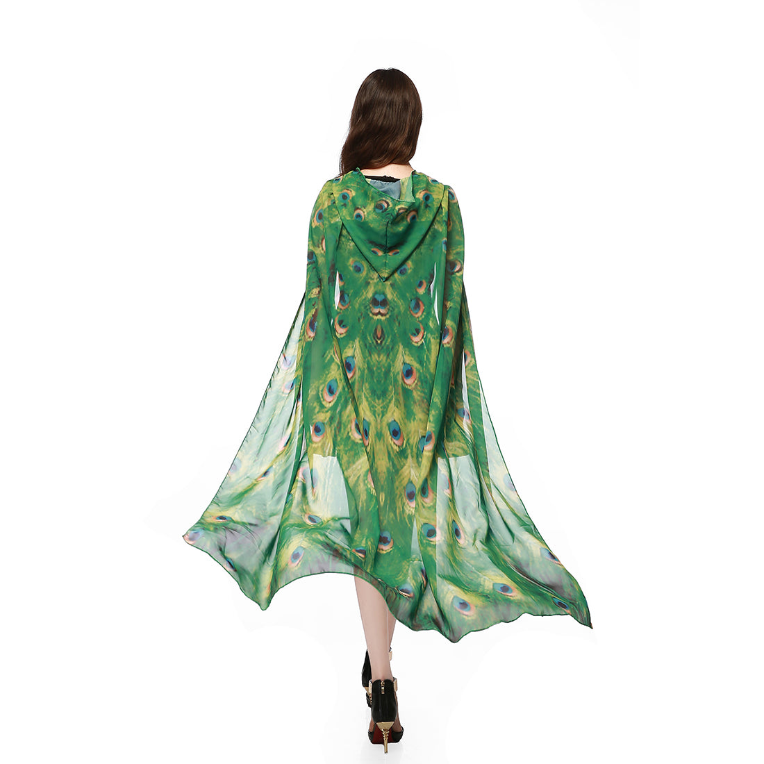 Adult Peacock Hooded Cape Green Chiffon Cloak 130CM Halloween Cosplay Party Costume for Women