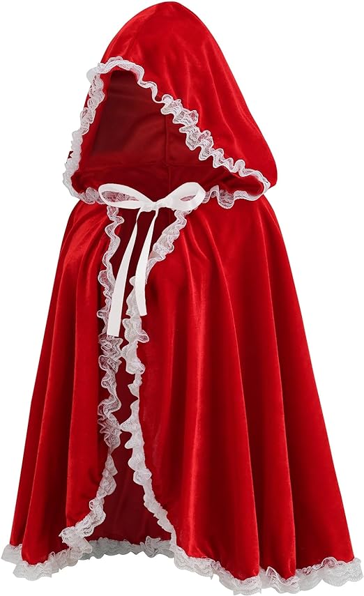 Women Little Red Riding Hood Cape Halloween Christmas Velvet Cloak | Adult Hooded Short Cloak with Lace Storybook Characters Outfit Medieval Renaissance Costume Cape