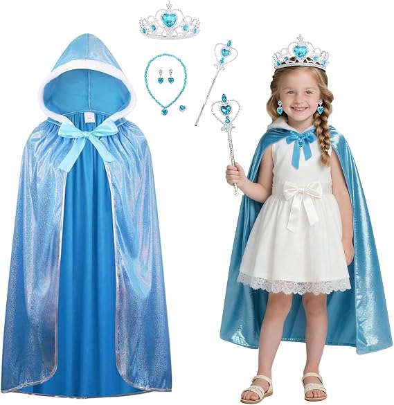 Princess Costumes Hooded Cape for Ladies Fairy Tale Fancy Dress Women Cloak for Halloween Christmas Birthday World Book Day- Includes Earrings, Necklace, Scepter, Crown and Ring