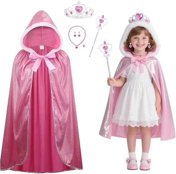 Princess Costumes Hooded Cape for Ladies Fairy Tale Fancy Dress Women Cloak for Halloween Christmas Birthday World Book Day- Includes Earrings, Necklace, Scepter, Crown and Ring