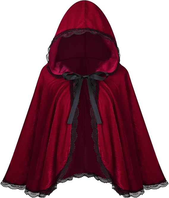 Women Little Red Riding Hood Cape Halloween Christmas Velvet Cloak | Adult Hooded Short Cloak with Lace Storybook Characters Outfit Medieval Renaissance Costume Cape
