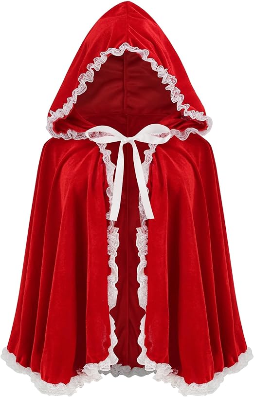 Women Little Red Riding Hood Cape Halloween Christmas Velvet Cloak | Adult Hooded Short Cloak with Lace Storybook Characters Outfit Medieval Renaissance Costume Cape