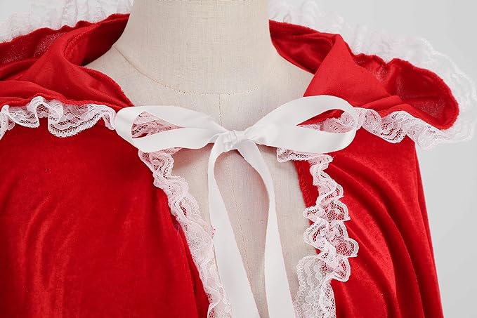 Women Little Red Riding Hood Cape Halloween Christmas Velvet Cloak | Adult Hooded Short Cloak with Lace Storybook Characters Outfit Medieval Renaissance Costume Cape