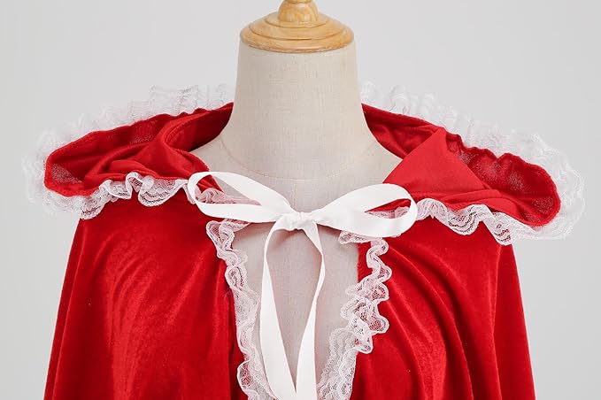 Women Little Red Riding Hood Cape Halloween Christmas Velvet Cloak | Adult Hooded Short Cloak with Lace Storybook Characters Outfit Medieval Renaissance Costume Cape