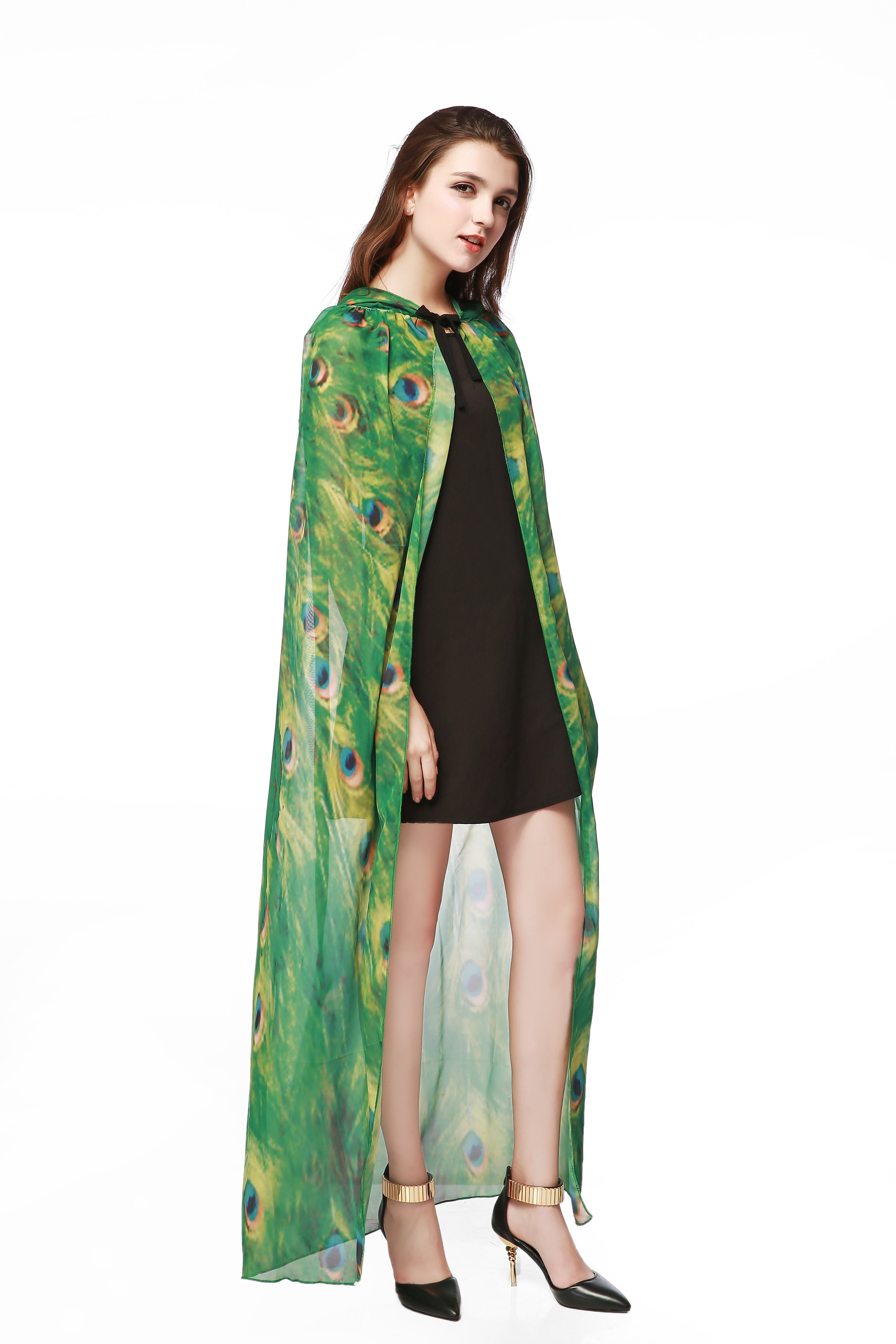 Adult Peacock Hooded Cape Green Chiffon Cloak 130CM Halloween Cosplay Party Costume for Women