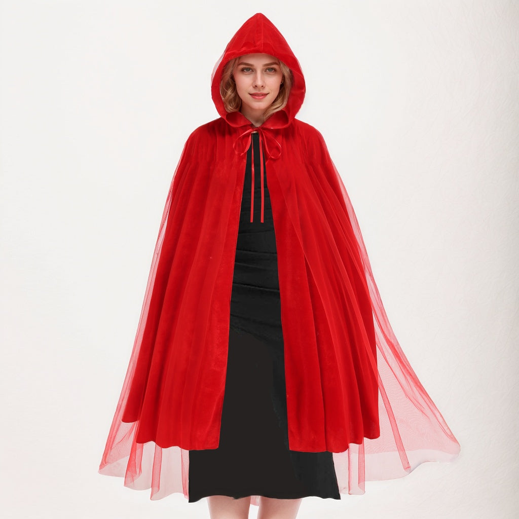 Adult Little Red Riding Hood Hooded Cape, Velvet Tulle Overlay Red Cloak 120cm Shoulder‑to‑Hem for Fairy Tale Halloween Cosplay