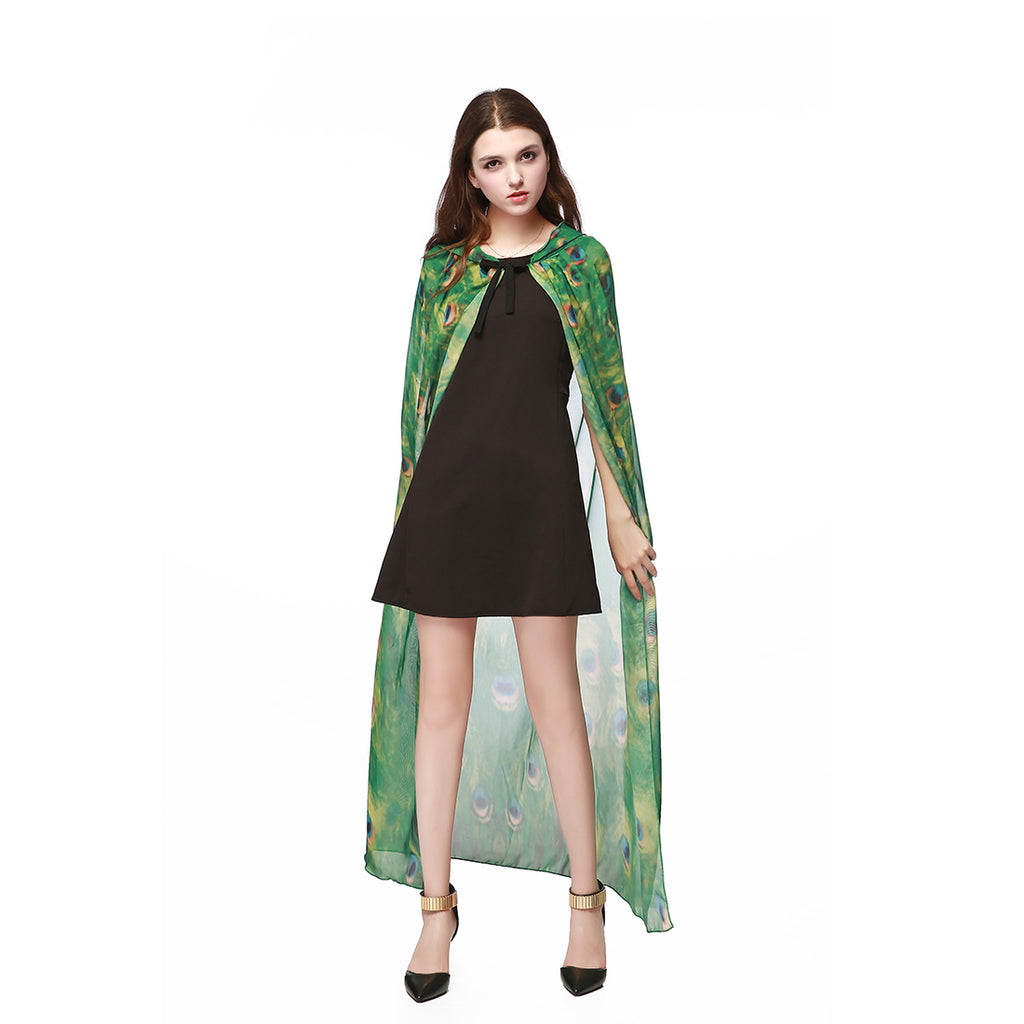 Adult Peacock Hooded Cape Green Chiffon Cloak 130CM Halloween Cosplay Party Costume for Women