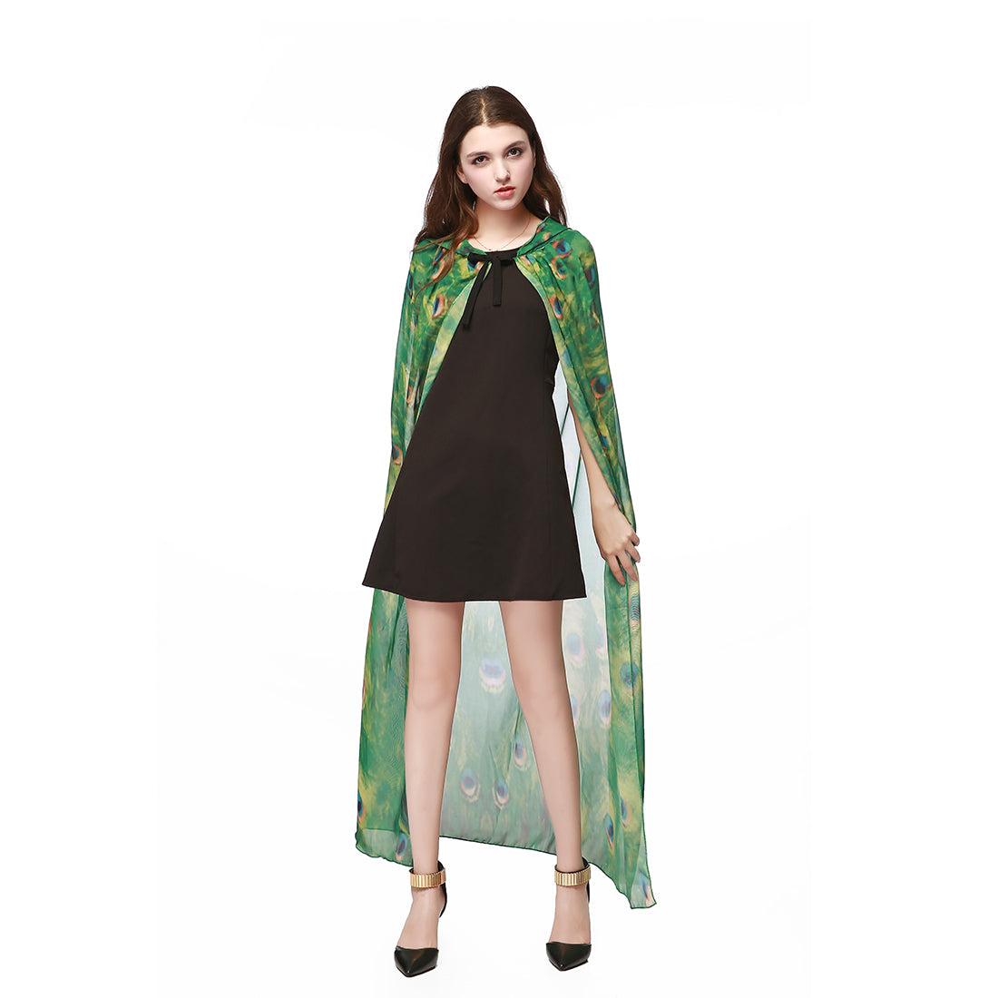 Adult Peacock Hooded Cape Green Chiffon Cloak 130CM Halloween Cosplay Party Costume for Women