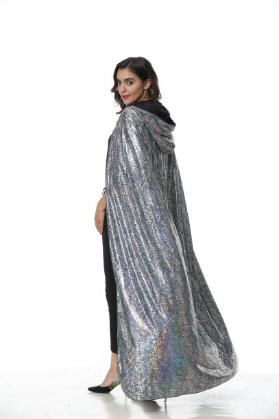 Custom Holographic Hooded Cape For Adults, Shiny Metallic Cloak Purple Silver 110‑160CM, Halloween Cosplay Festival Party Costume Cape