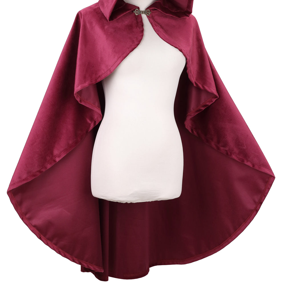 Women Velvet Hooded Medieval Cape, Burgundy Cloak 90cm / 100cm, Renaissance Cosplay Halloween Costume for Adult