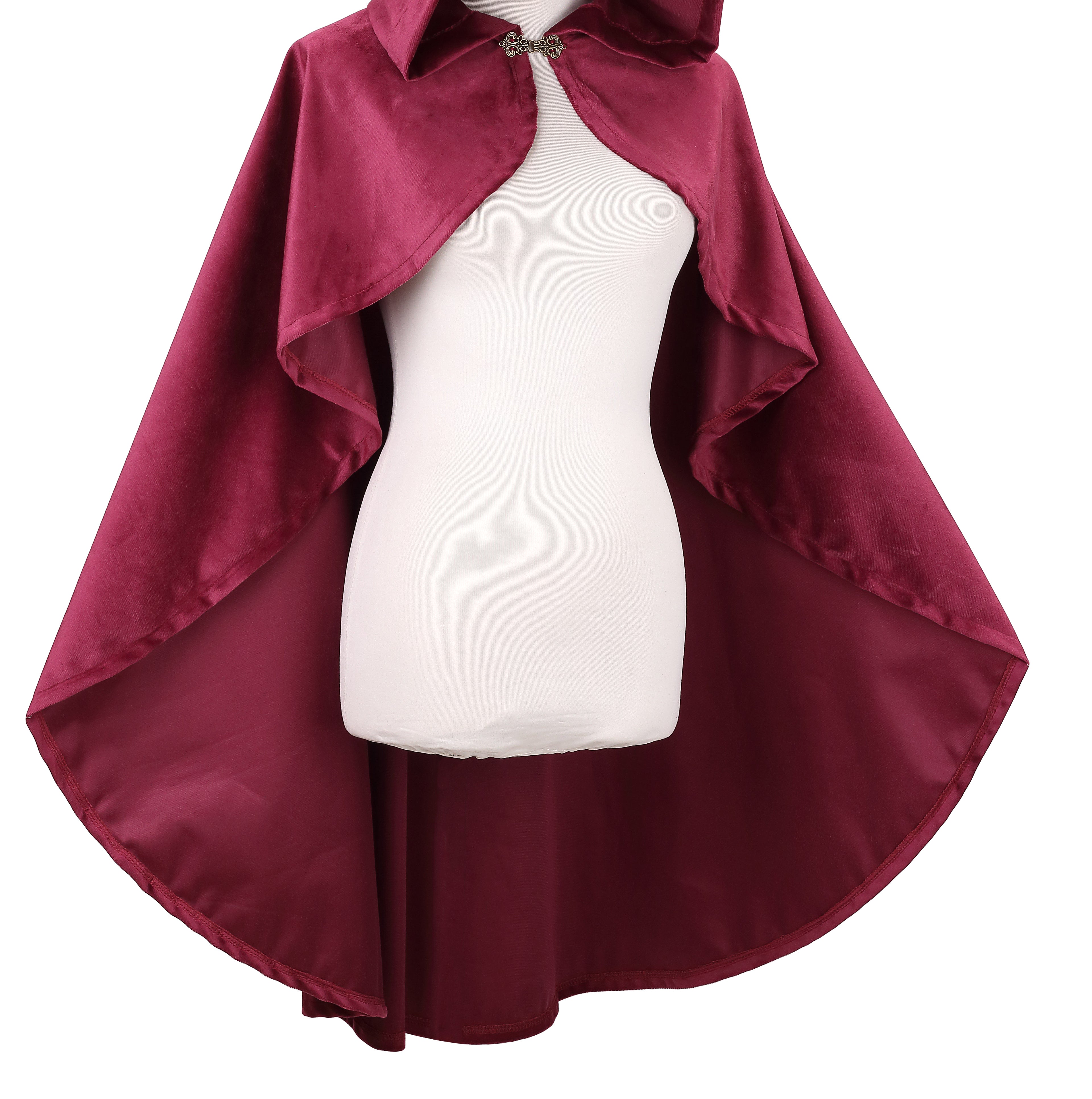 Women Velvet Hooded Medieval Cape, Burgundy Cloak 90cm / 100cm, Renaissance Cosplay Halloween Costume for Adult