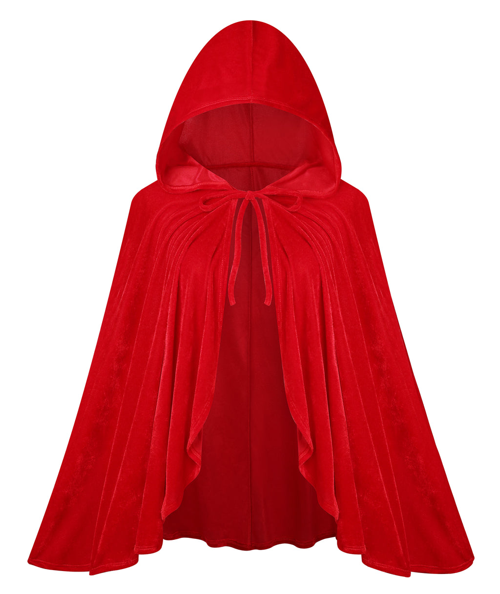 Adult Little Red Riding Hood Solid Velvet Hooded Cape, Bright Red & Wine Red Cloak 60‑65‑70cm Shoulder‑to‑Hem for Fairy Tale Halloween Cosplay
