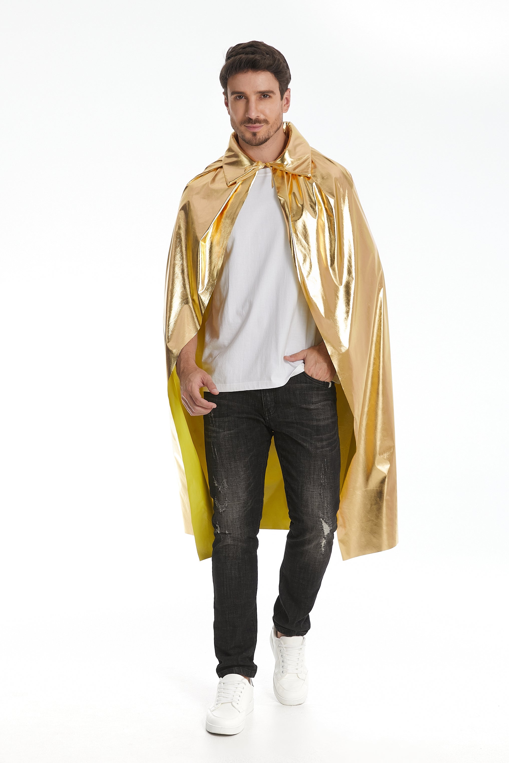 Custom Metallic Stand‑Up Collar Gold Cape With Neck Tie‑Strap 115‑155CM Shiny Cosplay Cloak For Men Warrior Royal Halloween Costume