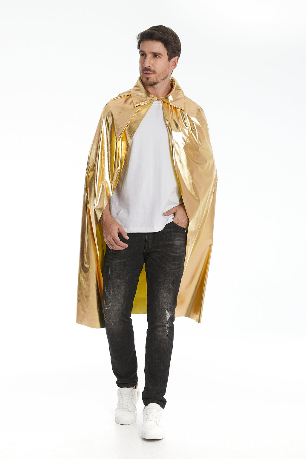 Custom Metallic Stand‑Up Collar Gold Cape With Neck Tie‑Strap 115‑155CM Shiny Cosplay Cloak For Men Warrior Royal Halloween Costume