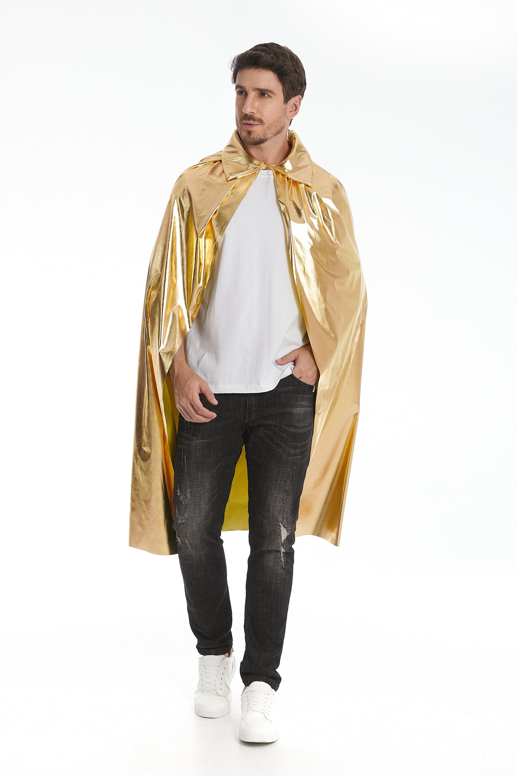 Custom Metallic Stand‑Up Collar Gold Cape With Neck Tie‑Strap 115‑155CM Shiny Cosplay Cloak For Men Warrior Royal Halloween Costume