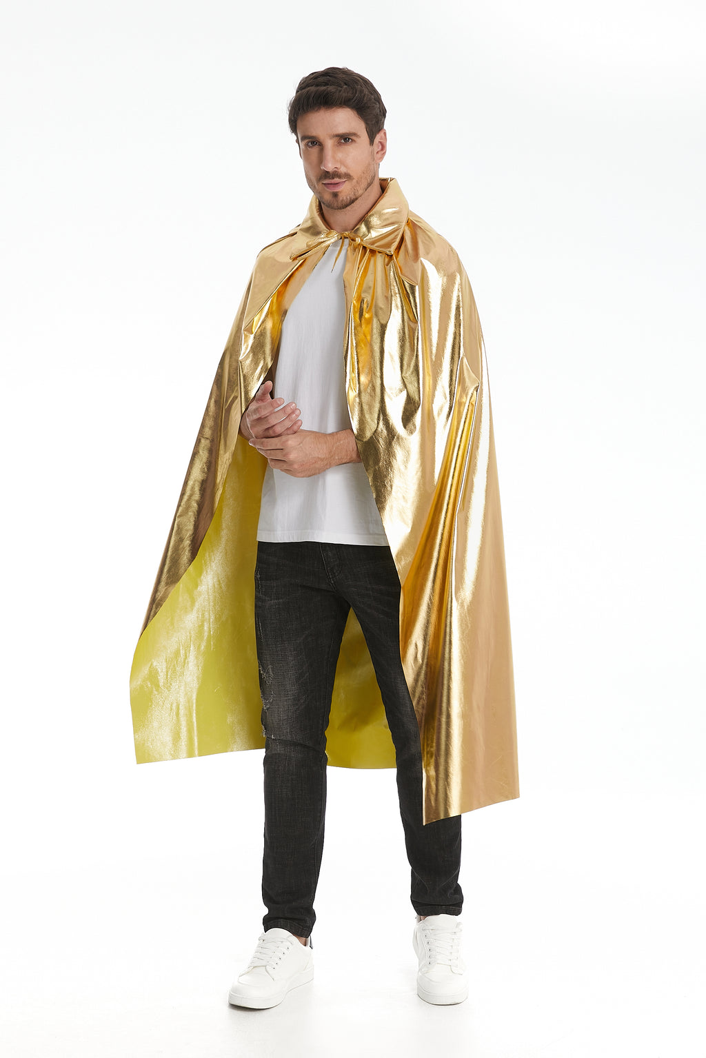 Custom Metallic Stand‑Up Collar Gold Cape With Neck Tie‑Strap 115‑155CM Shiny Cosplay Cloak For Men Warrior Royal Halloween Costume